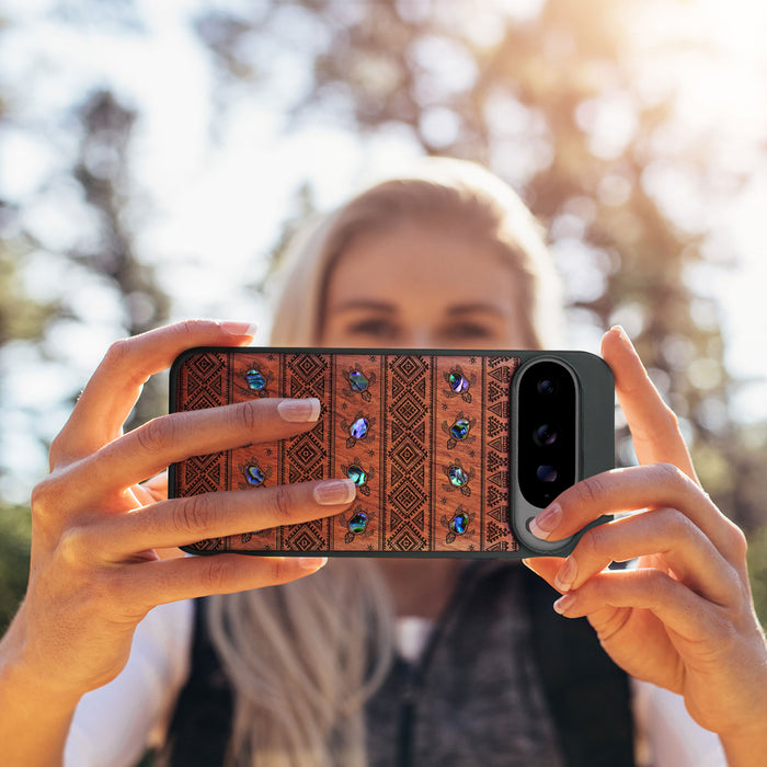The Aztec Sea Turtle, Hand-Inlaid Wood & Mother of Pearl Case - Artisanal Cover for Google Pixel