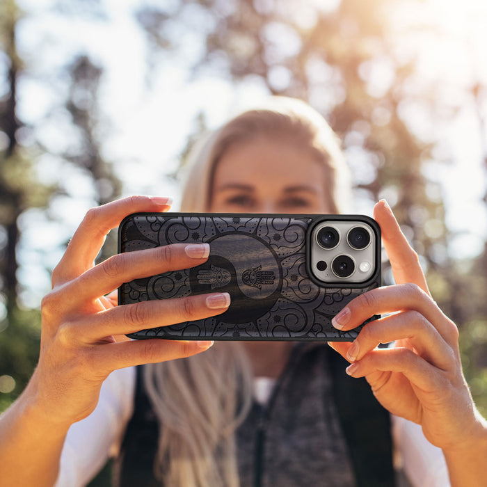 The Hamsa Yin-Yang Mandala, Classic Engraved Wood & TPU Case - Artisanal Cover for Apple iPhone