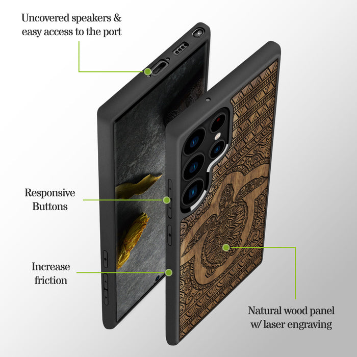 The Enigmatic Turtle, Classic Engraved Wood & TPU Case - Artisanal Cover for Samsung Galaxy