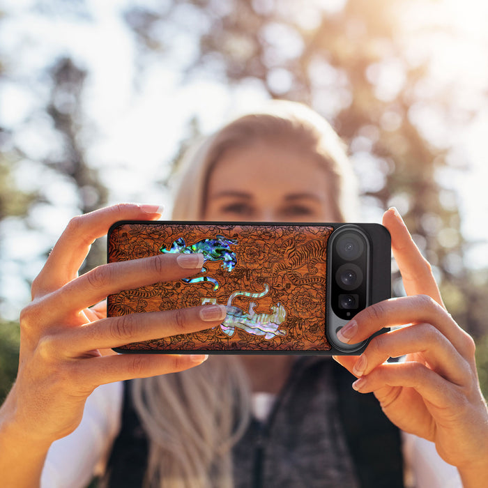 Tiger Amidst Flowers, Hand-Inlaid Wood & Mother of Pearl Case - Artisanal Cover for Google Pixel