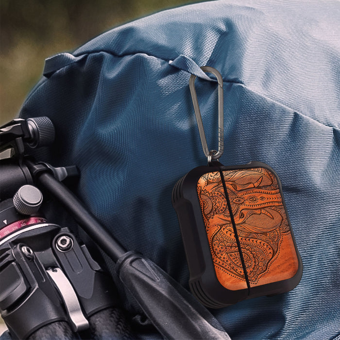Tribal Harmony - Wood Artisan Engraved & Shell Hand-Inlaid Cover - Artisanal Case for Apple AirPods (Titanium Quick Released Clasp)