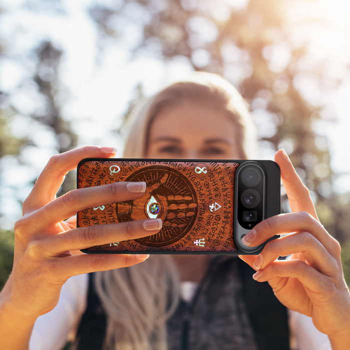 All-Seeing Hand, Hand-Inlaid Wood & Mother of Pearl Case - Artisanal Cover for Google Pixel