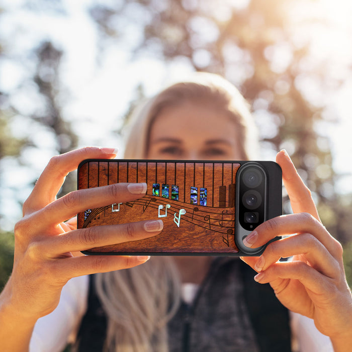 Melodic Waves, Hand-Inlaid Wood & Mother of Pearl Case - Artisanal Cover for Google Pixel