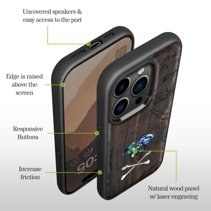 The Pirate's Legacy, Hand-Inlaid Wood & Mother of Pearl Case - Artisanal Cover for Apple iPhone