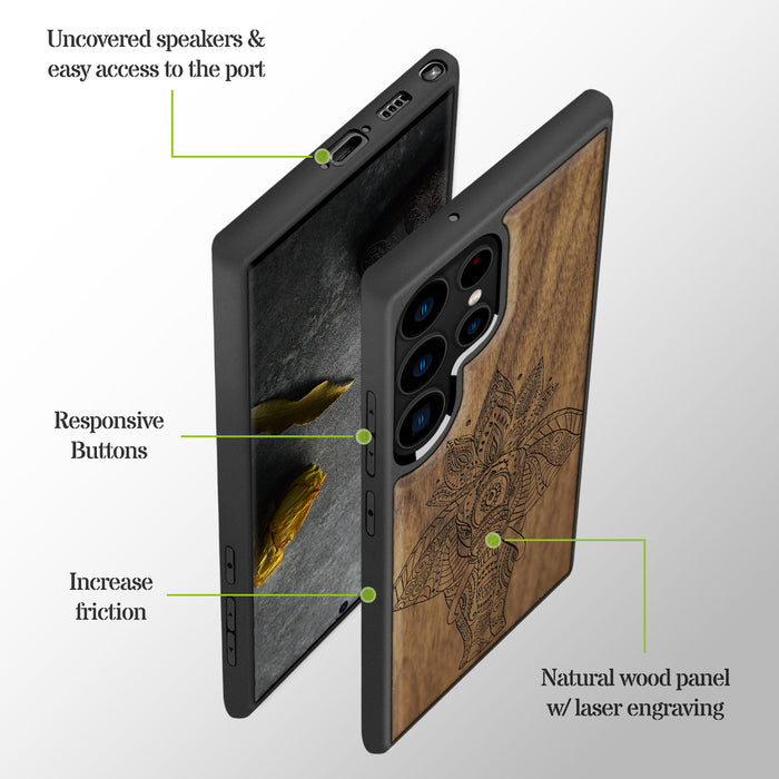 African Elephant in Linework Art, Classic Engraved Wood & TPU Case - Artisanal Cover for Samsung Galaxy