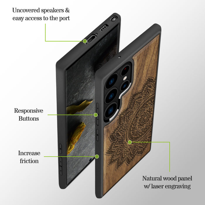 The Half Mandala Lace Art, Classic Engraved Wood & TPU Case - Artisanal Cover for Samsung Galaxy