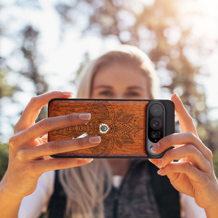 African Elephant in Linework Art, Hand-Inlaid Wood & Mother of Pearl Case - Artisanal Cover for Google Pixel