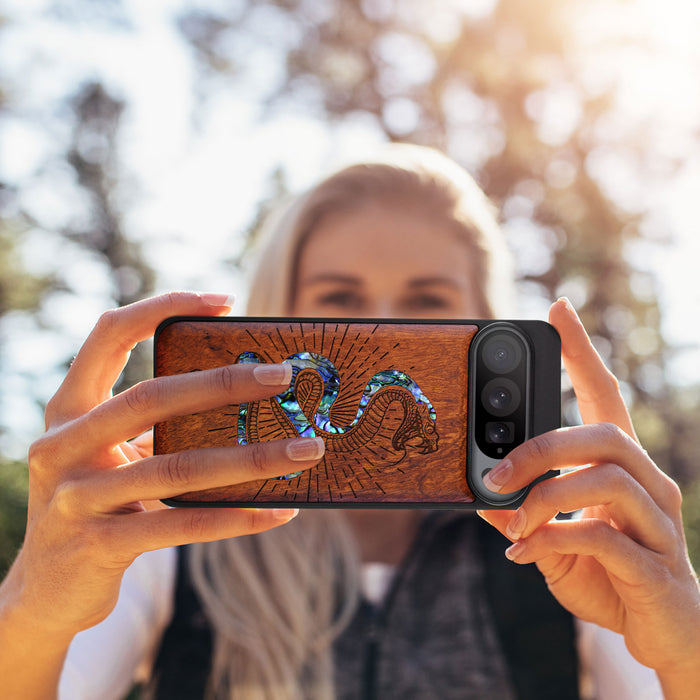 Viper's Coil, Hand-Inlaid Wood & Mother of Pearl Case - Artisanal Cover for Google Pixel