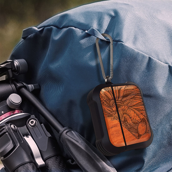 Lion Majesty - Wood Artisan Engraved & Shell Hand-Inlaid Cover - Artisanal Case for Apple AirPods (Titanium Quick Released Clasp)