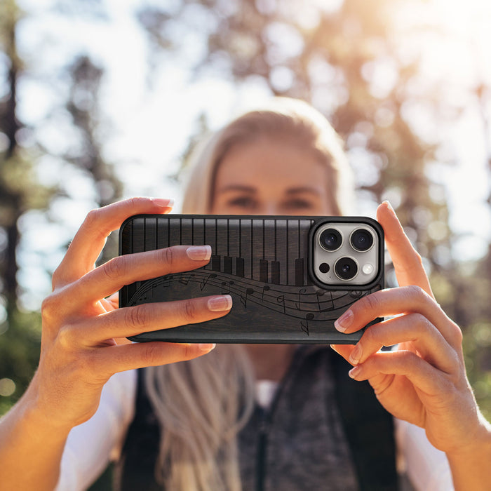 Melodic Waves, Classic Engraved Wood & TPU Case - Artisanal Cover for Apple iPhone