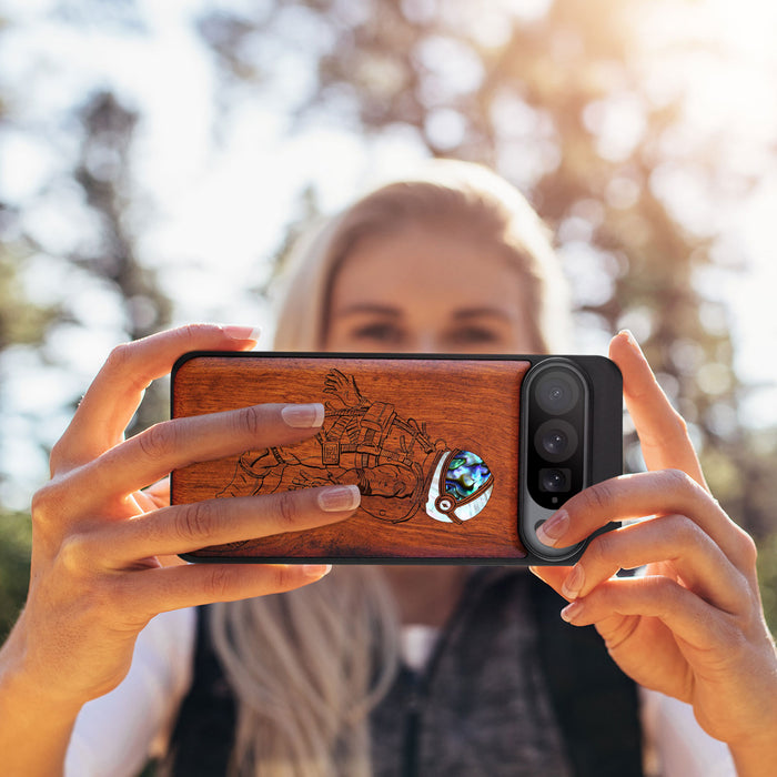 The Floating Astronaut, Hand-Inlaid Wood & Mother of Pearl Case - Artisanal Cover for Google Pixel