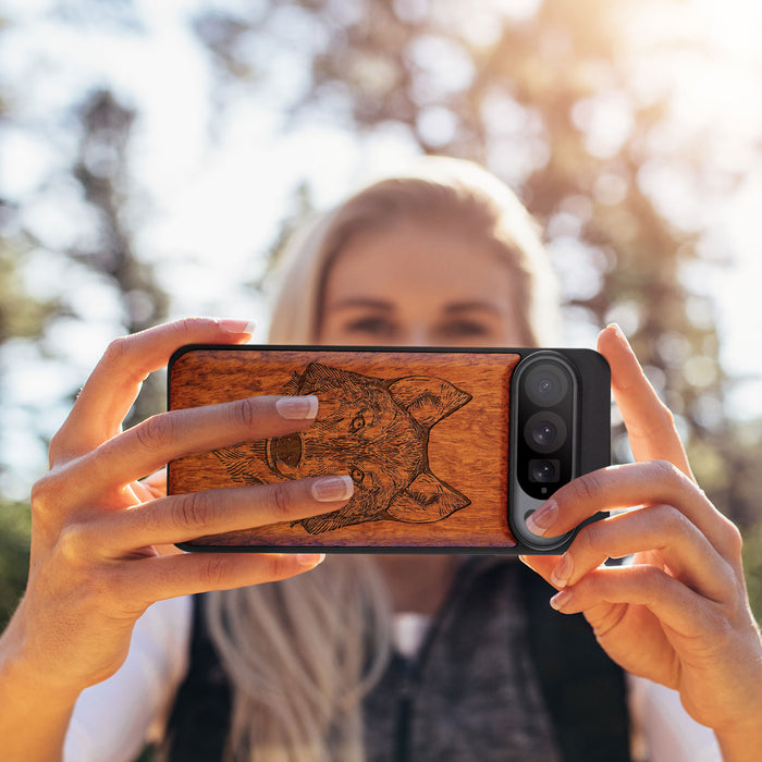 Realistic Wolf Linework Art, Classic Engraved Wood & TPU Case - Artisanal Cover for Google Pixel