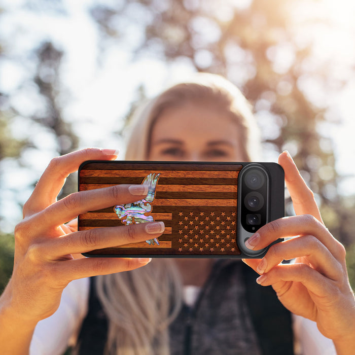 Bald Eagle and Flag, Hand-Inlaid Wood & Mother of Pearl Case - Artisanal Cover for Google Pixel