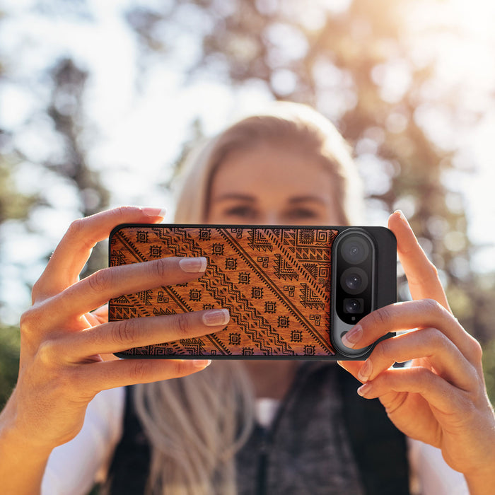 Aztec Geometric Harmony, Classic Engraved Wood & TPU Case - Artisanal Cover for Google Pixel