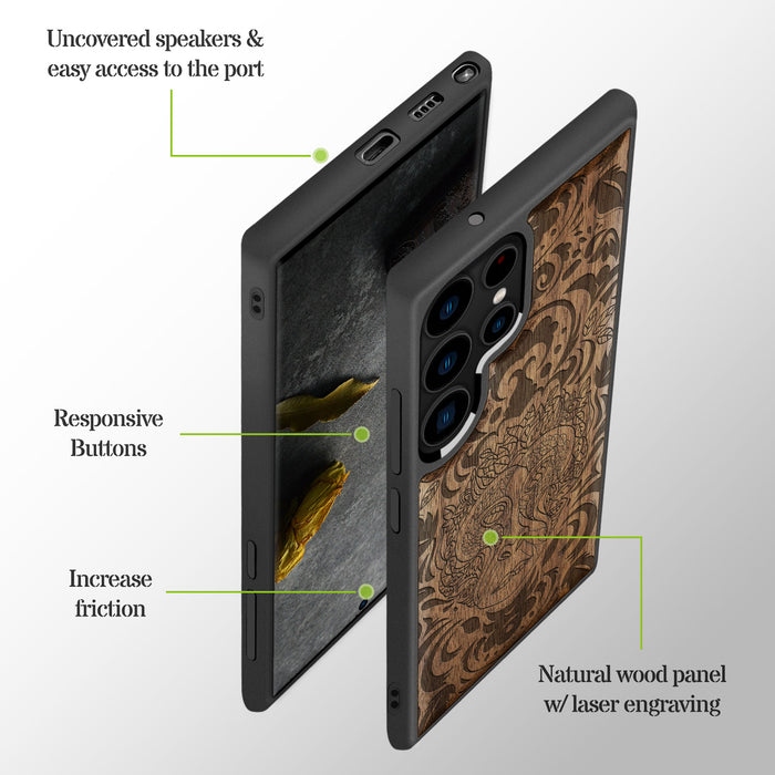 The Leafy Visage, Classic Engraved Wood & TPU Case - Artisanal Cover for Samsung Galaxy