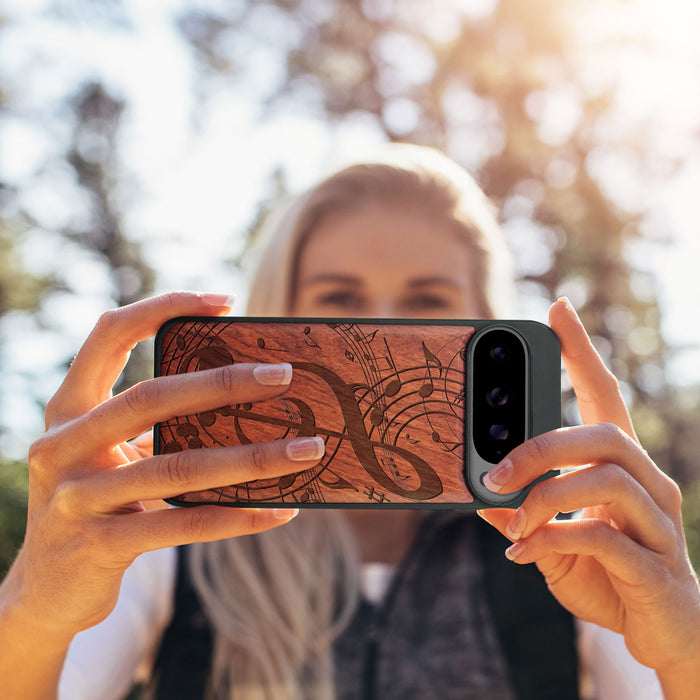 Music Notes, Classic Engraved Wood & TPU Case - Artisanal Cover for Google Pixel