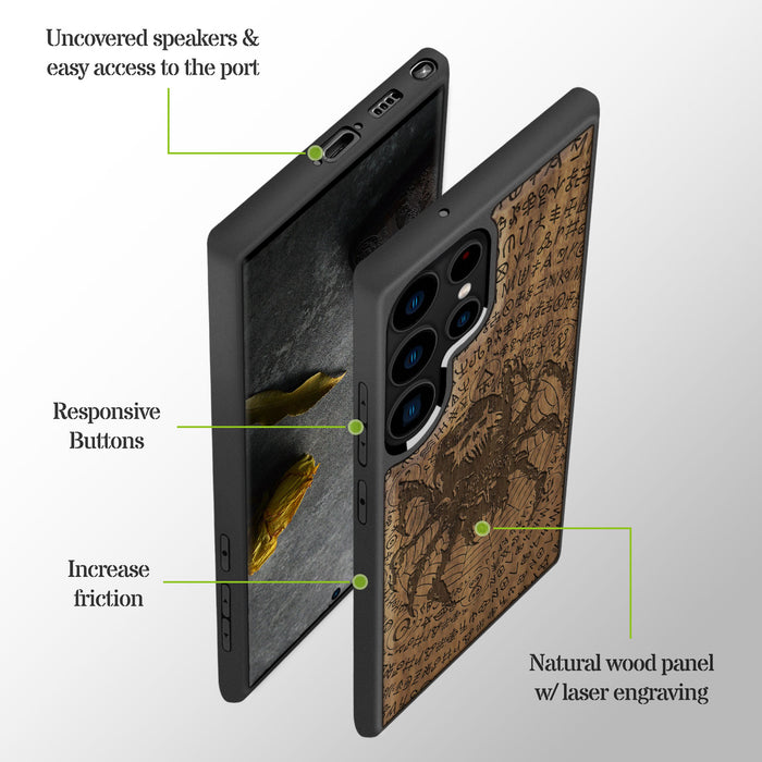 Enigmatic Black Spider Amidst Runes, Classic Engraved Wood & TPU Case - Artisanal Cover for Samsung Galaxy