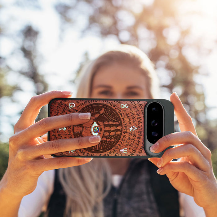 The Enigmatic Eye, Hand-Inlaid Wood & Mother of Pearl Case - Artisanal Cover for Google Pixel