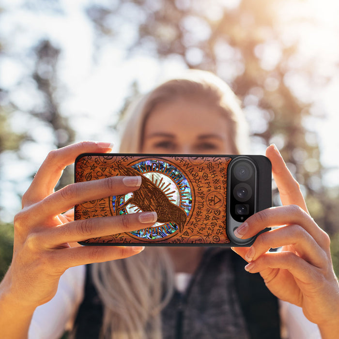 The Haloed Crow, Hand-Inlaid Wood & Mother of Pearl Case - Artisanal Cover for Google Pixel