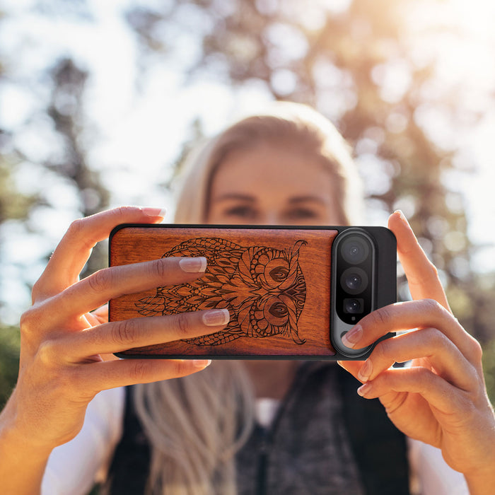 The Owl Mandala, Classic Engraved Wood & TPU Case - Artisanal Cover for Google Pixel