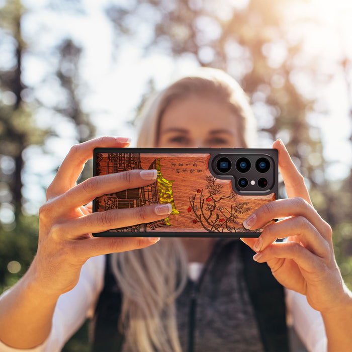 The Ancient Temple Amidst Cherry Blossoms, Hand-Inlaid Wood & Mother of Pearl Case - Artisanal Cover for Samsung Galaxy