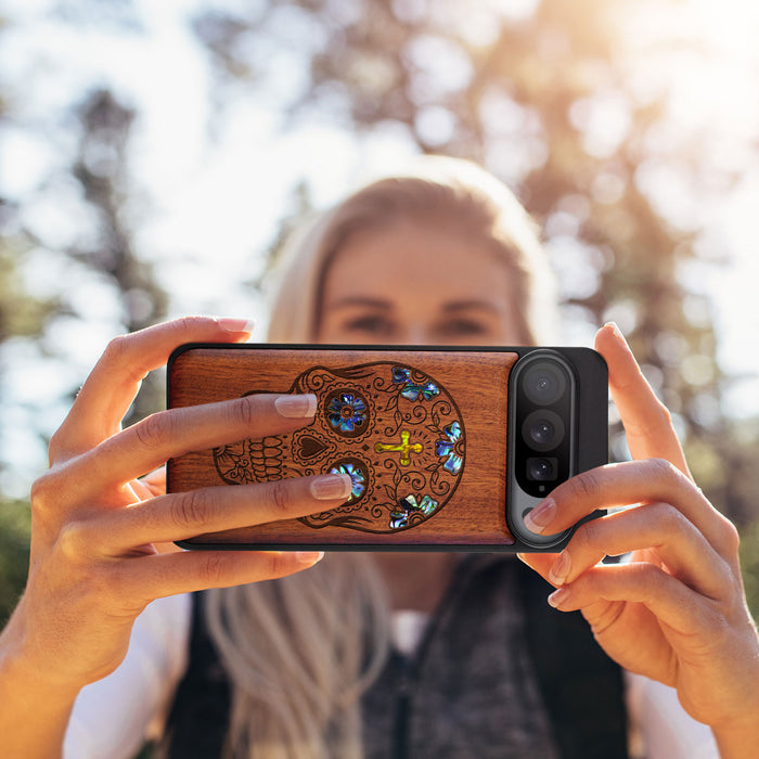 The Dia de los Muertos Sugar Skull, Hand-Inlaid Wood & Mother of Pearl Case - Artisanal Cover for Google Pixel