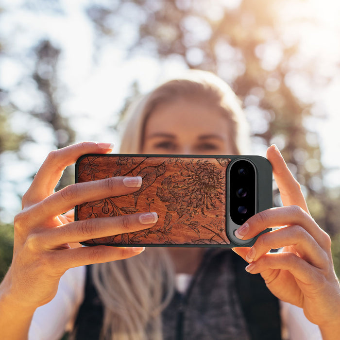 The Chrysanthemum and the Songbird, Classic Engraved Wood & TPU Case - Artisanal Cover for Google Pixel