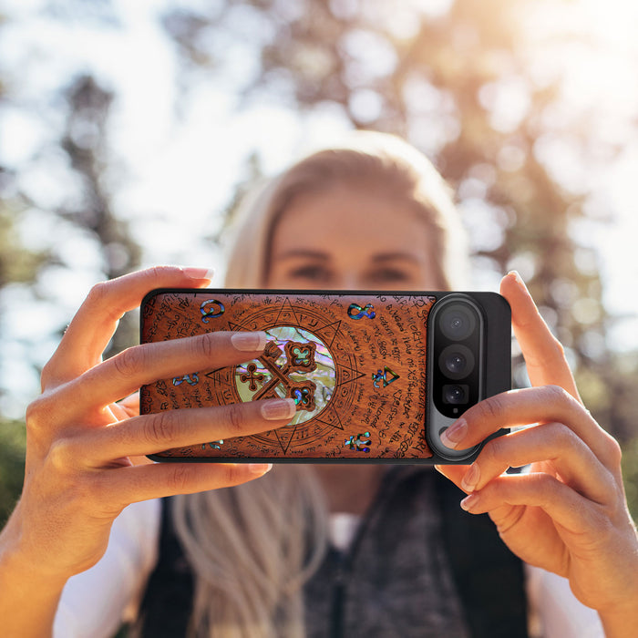 A Heraldic Enigma, Hand-Inlaid Wood & Mother of Pearl Case - Artisanal Cover for Google Pixel