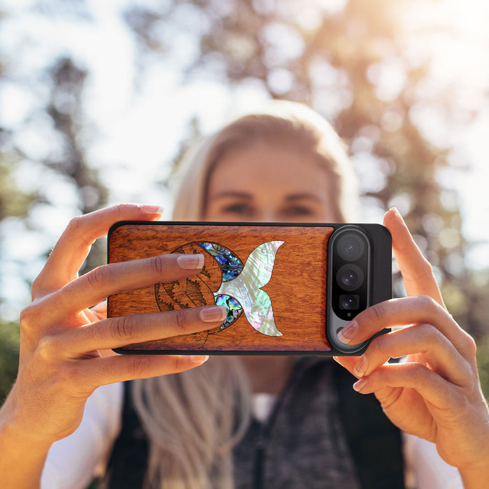 The Whale's Tail, Hand-Inlaid Wood & Mother of Pearl Case - Artisanal Cover for Google Pixel