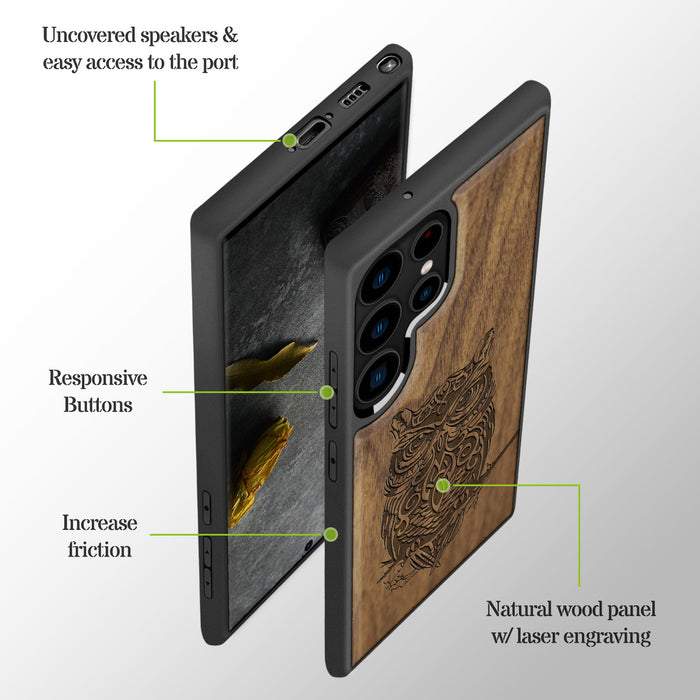 An Owl Perched on a Branch, Classic Engraved Wood & TPU Case - Artisanal Cover for Samsung Galaxy