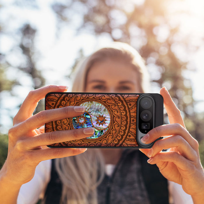 The Yin Yang Paisley, Hand-Inlaid Wood & Mother of Pearl Case - Artisanal Cover for Google Pixel