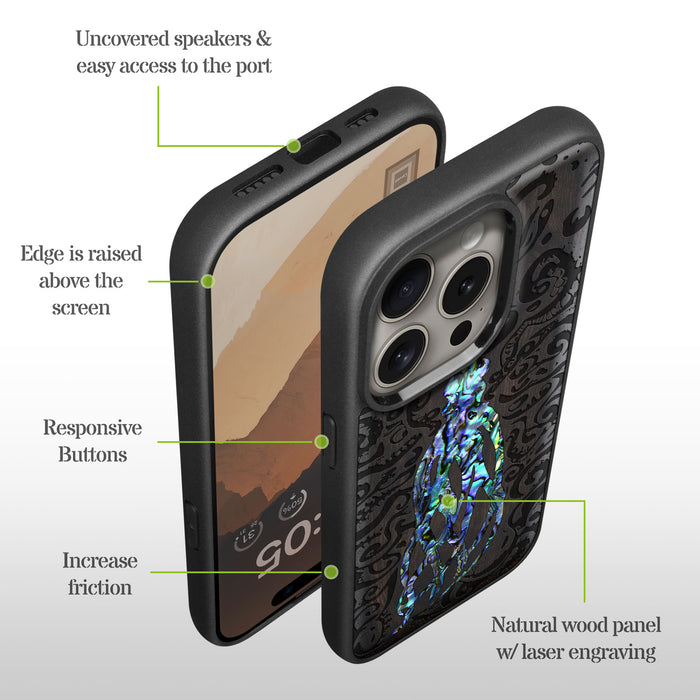 Cephalopod's Nocturne, Hand-Inlaid Wood & Mother of Pearl Case - Artisanal Cover for Apple iPhone