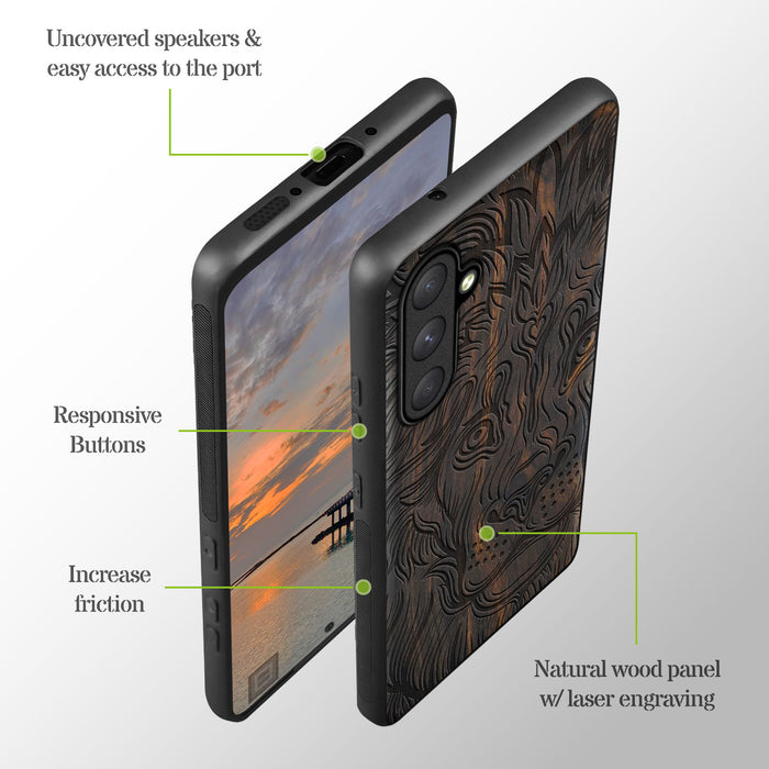 The Filigree Lion, Classic Engraved Wood & TPU Case - Artisanal Cover for Samsung Galaxy