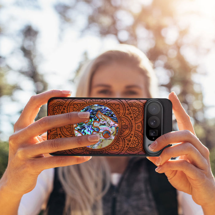 Yin-Yang Wolves Amidst Paisley, Hand-Inlaid Wood & Mother of Pearl Case - Artisanal Cover for Google Pixel