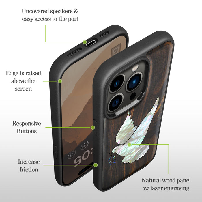 The Dove with Olive Branch, Hand-Inlaid Wood & Mother of Pearl Case - Artisanal Cover for Apple iPhone