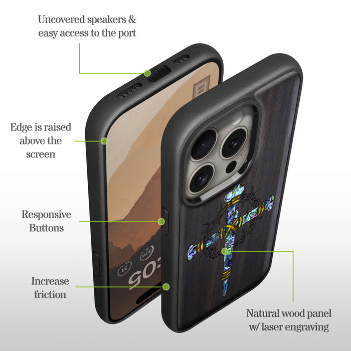 Crucifix Nails, Hand-Inlaid Wood & Mother of Pearl Case - Artisanal Cover for Apple iPhone