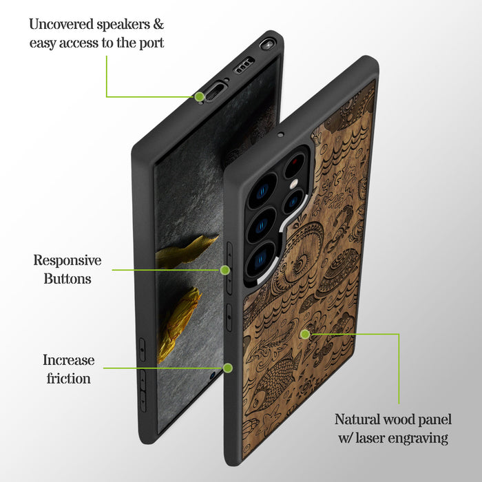 A Marine Mosaic, Classic Engraved Wood & TPU Case - Artisanal Cover for Samsung Galaxy