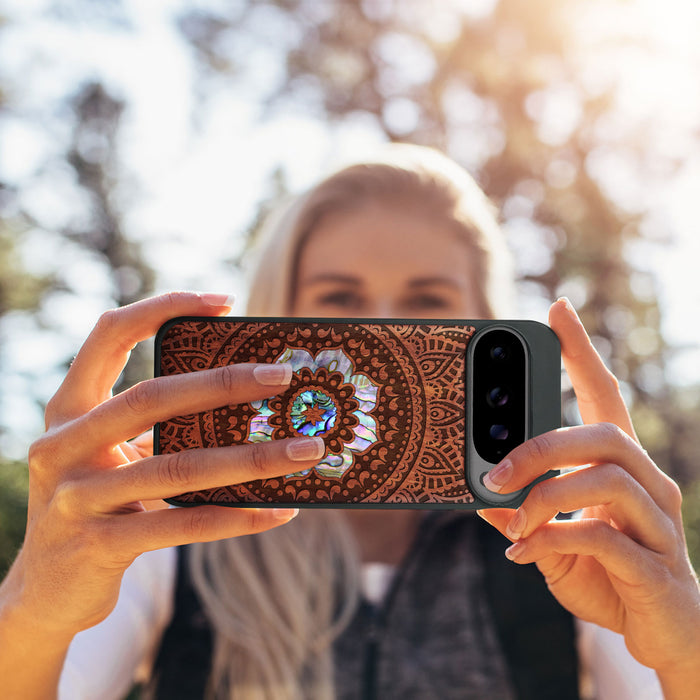 The Indian Floral Mandala, Hand-Inlaid Wood & Mother of Pearl Case - Artisanal Cover for Google Pixel