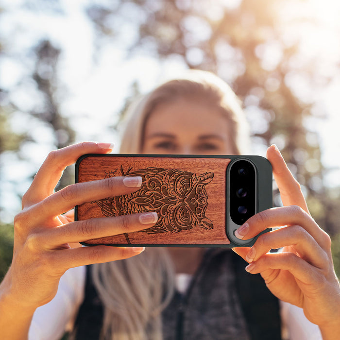 An Owl Perched on a Branch, Classic Engraved Wood & TPU Case - Artisanal Cover for Google Pixel