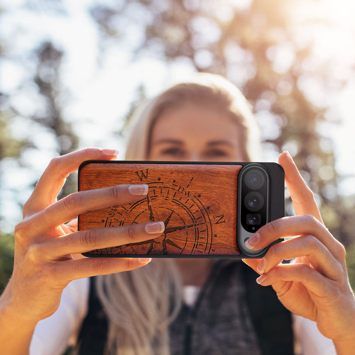 The Incomplete Compass, Classic Engraved Wood & TPU Case - Artisanal Cover for Google Pixel