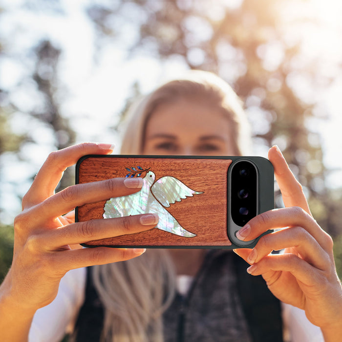 The Dove with Olive Branch, Hand-Inlaid Wood & Mother of Pearl Case - Artisanal Cover for Google Pixel