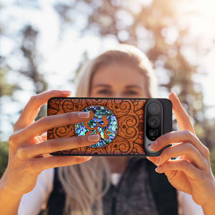 Eternal Om Mandala, Hand-Inlaid Wood & Mother of Pearl Case - Artisanal Cover for Google Pixel