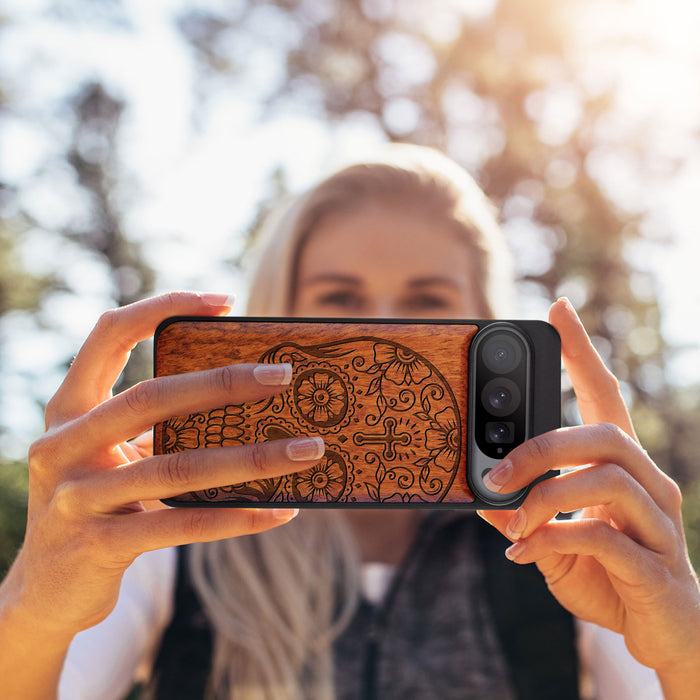 The Dia de los Muertos Sugar Skul, Classic Engraved Wood & TPU Case - Artisanal Cover for Google Pixel