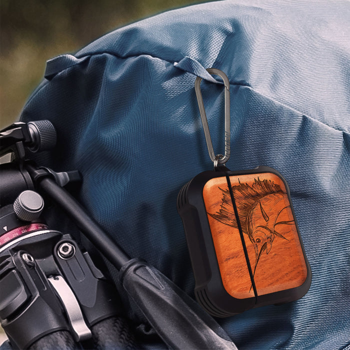 The Soaring Marlin - Wood Artisan Engraved & Shell Hand-Inlaid Cover - Artisanal Case for Apple AirPods (Titanium Quick Released Clasp)
