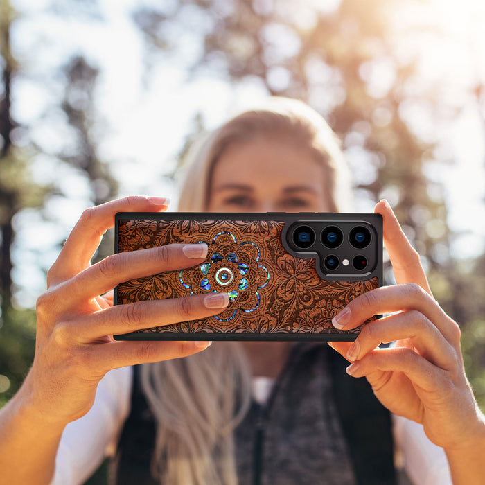 Ethereal Bloom Mandala, Hand-Inlaid Wood & Mother of Pearl Case - Artisanal Cover for Samsung Galaxy