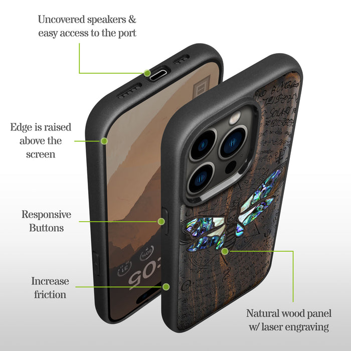 The Death Moth and Octagonal Star, Hand-Inlaid Wood & Mother of Pearl Case - Artisanal Cover for Apple iPhone