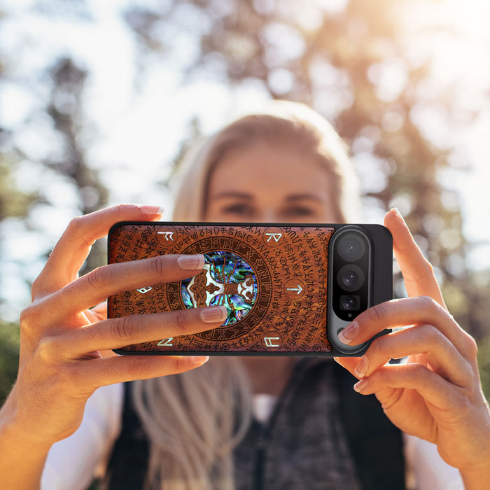 Mjölnir and the Runes, Hand-Inlaid Wood & Mother of Pearl Case - Artisanal Cover for Google Pixel