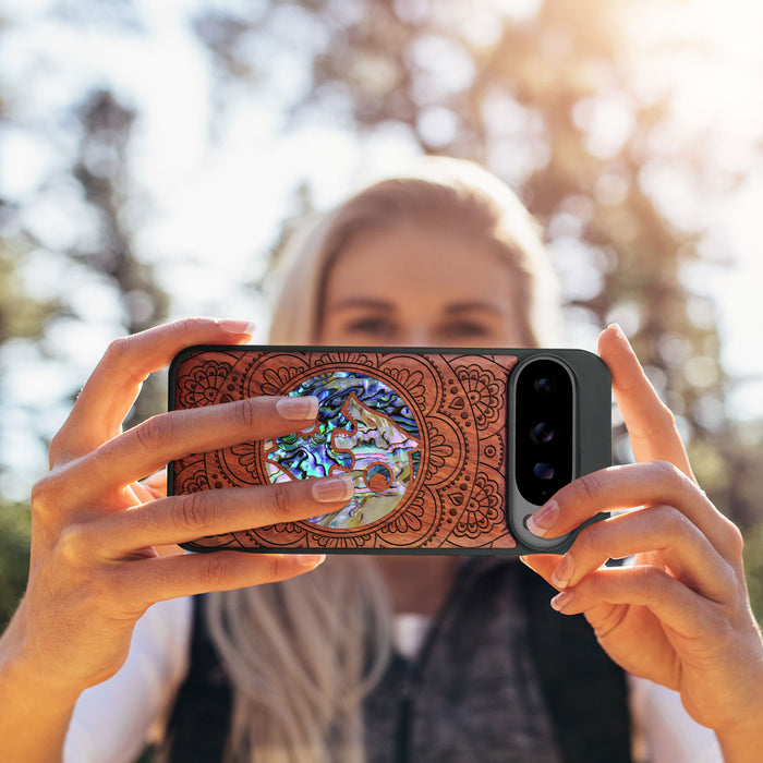 Yin-Yang Wolves Amidst Paisley, Hand-Inlaid Wood & Mother of Pearl Case - Artisanal Cover for Google Pixel