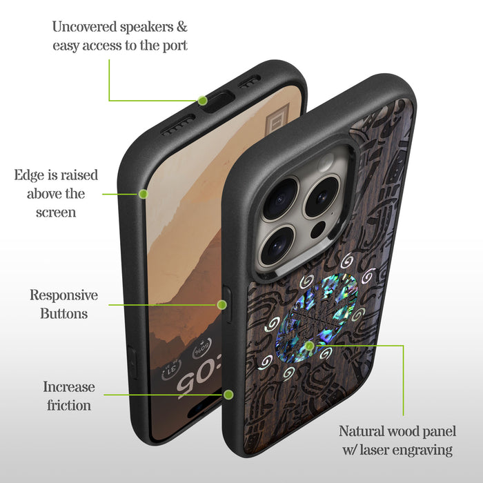 Shield of the Ancients, Hand-Inlaid Wood & Mother of Pearl Case - Artisanal Cover for Apple iPhone