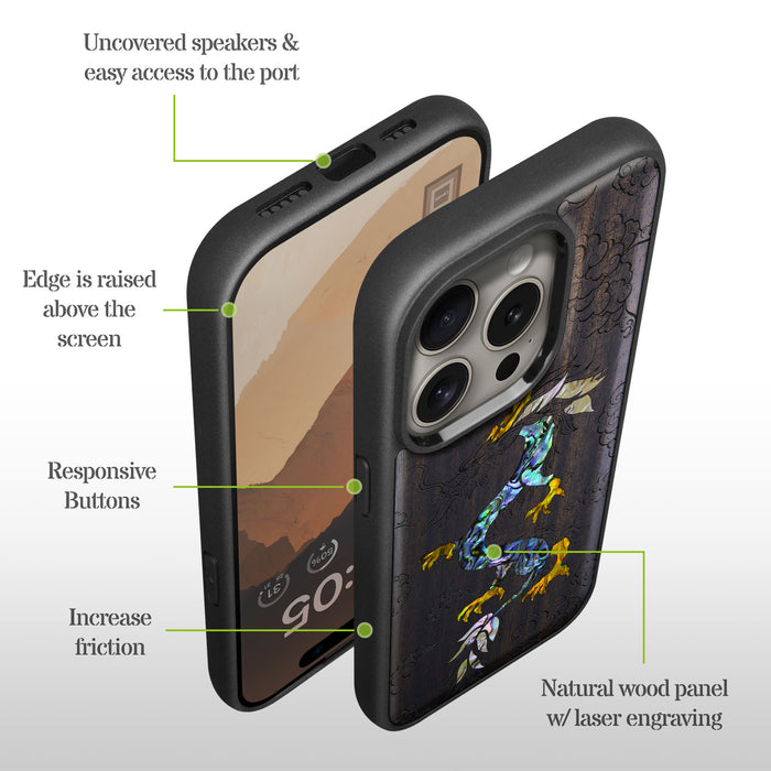 The Dragon's Ascen, Hand-Inlaid Wood & Mother of Pearl Case - Artisanal Cover for Apple iPhone